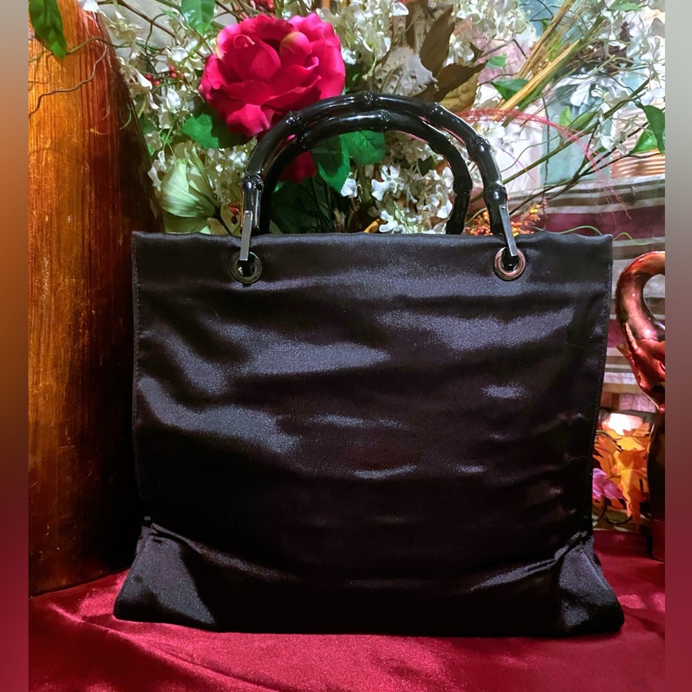 Gucci Brown Canvas/Satin Bamboo Tote Bag